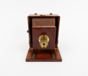 Late-19th century folding camera, plate dimensions 10.5 x 10.5cm, red bellows, uninscribed fixed-focus brass lens. - 2