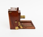 Late-19th century folding camera, plate dimensions 10.5 x 10.5cm, red bellows, uninscribed fixed-focus brass lens. - 4