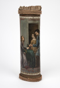 A rare antique Continental marriage certificate container with coloured lithograph decoration, early to mid 19th century, together with an antique German spruce hat box with hand-painted decoration, 19th century, (2 items), the larger 32cm high. - 2
