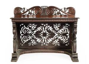 Anglo-Indian padouk consol table: Ornately pierced and carved scrolling foliate design with peacock upright and claw feet, carved Thomas Hope scroll back. Circa 1840. Height 100cm, width 128cm, depth 59cm.