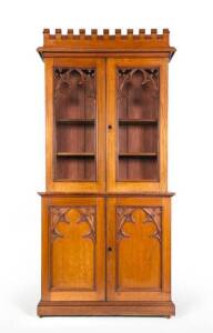 GOTHIC BOOKCASE: Cedar & pine in Pugin gothic style. Hailing from central Victoria (purportedly Ballarat) c1880. Unusual castellated pediment & fitted with 2 internal drawers. Illustrated in "AUSTRALIAN FURNITURE Pictorial History & Dictionary 1788-1938" 