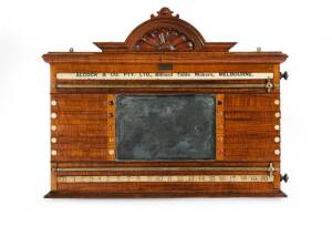 BILLIARD SCOREBOARD: Late 19th century Fiddleback blackwood with ivory buttons, made by Alcock & Co. 97 x 77cm