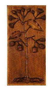 ROBERT PRENZEL: Carved timber panel of gumnuts, blossoms & leaves. Label verso "Australian Federation carving. Formerly beloned to Misses McDonald". Early 20th century. 27.5cm x 56cm