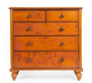 Solid birdseye huon pine 5 drawer chest with blackwood handles & drawer blades. Tasmanian origin, mid 19th century. Height 108cm, width 118cm, depth 58cm