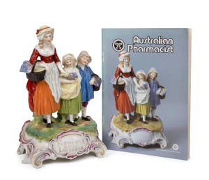 YARDLEY'S OLD ENGLISH LAVENDER porcelain point of sale advertising figure group, manufactured by Dresden, circa 1930s; together with a 1987 publication of Australian Pharmacist which features the piece on the front cover and includes an expose of same. (2