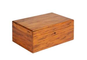 New Zealand Jewel box. Solid mottled kauri fitted with compartments & original blue silk lining. Height 13cm, width 30cm, depth 20cm