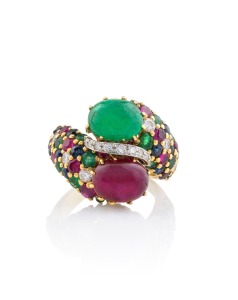 A Venetian 18ct gold ring adorned with impressive cabochon ruby and emerald surrounded by diamonds, sapphires, rubies and emeralds, purchased from DITTA G. NARDI in Venice in 1972, with original sales receipt, 11 grams.