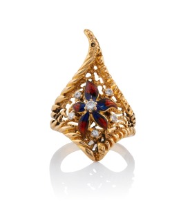 An Italian 18ct gold and diamond ring with floral enamel decoration, circa 1970s, 11.6 grams.