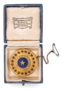 An antique 18ct gold circular brooch adorned with seed pearls, diamond and lapis lazuli, mid 19th century, ​​​​​​​4cm diameter, 12.3 grams total.