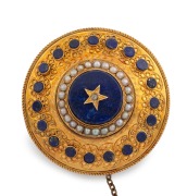 An antique 18ct gold circular brooch adorned with seed pearls, diamond and lapis lazuli, mid 19th century, ​​​​​​​4cm diameter, 12.3 grams total. - 2