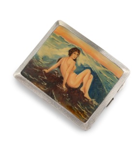 An English vintage sterling silver and enamel cigarette case decorated with a risqué nude reclining figure in landscape, made in Birmingham, 20th century, 10cm wide.