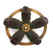 An antique 15ct gold mourning brooch with beetle wing decoration and woven hair window back, 19th century, 4cm wide, 7.4 grams.