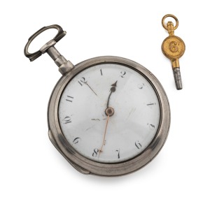 JOHN DWERRIHOUSE antique English sterling silver pair cased pocket watch with verge fusee movement, enamel dial and Arabic numerals, movement signed "Dwerrihouse & Carter, London", late 18th century, 7.5cm high overall including bow.