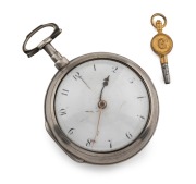 JOHN DWERRIHOUSE antique English sterling silver pair cased pocket watch with verge fusee movement, enamel dial and Arabic numerals, movement signed "Dwerrihouse & Carter, London", late 18th century, ​​​​​​​7.5cm high overall including bow.