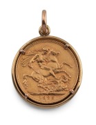 A 1923 Melbourne mint gold sovereign mounted in 9ct gold as a pendant, 10.6 grams total.