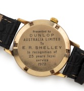 OMEGA automatic wristwatch in 9ct solid gold case with baton numerals and date window, branded on the dial for the company Dunlop, bearing inscription from Dunlop verso to an employee in recognition of twenty-five years of employment, 38mm wide including - 3