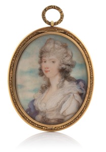 An antique oval miniature mourning portrait of a lady hand-painted on ivory with woven hair window on reverse and mounted in a beautiful gold finished mount with pendant bow loop, 18th/19th century, 8.5cm high overall.