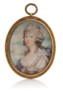An antique oval miniature mourning portrait of a lady hand-painted on ivory with woven hair window on reverse, in a beautiful gold finished mount with pendant bow loop, 18th/19th century, 8.5cm high overall.