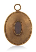 An antique oval miniature mourning portrait of a lady hand-painted on ivory with woven hair window on reverse, in a beautiful gold finished mount with pendant bow loop, 18th/19th century, 8.5cm high overall. - 2