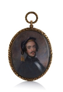 An antique oval miniature mourning portrait of a man hand-painted on ivory with woven hair window on reverse and mounted in a beautiful gold finished mount with pendant bow loop, early to mid 19th century, 8.5cm high overall.