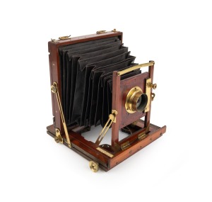 Triple-extension view camera, late 19th century, plate dimensions 16.5 x 11.5cm, J. Lancaster & Sons brass lens.
