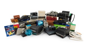 POLAROID: A 1970s-2000s accumulation of cameras, accessories, film packs, and ephemera; noted Polaroid Miniportrait 402 and Polaroid Impulse. (qty.)