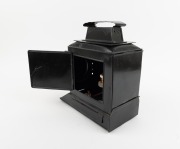 MAGIC LANTERN: Black-lacquered tin body, brass rack-and-pinion lens, c. 1900s; dimensions approx. 42 x 13 x 30cm. - 2