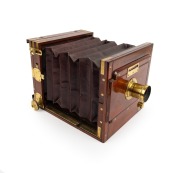 Tailboard camera (likely Wratten & Wainwright), late 19th century, plate dimensions 15.5 x 11.5cm (glass absent), brass lens engraved "W.S. Stewart & Co. Melbourne - Rapid Rectilinear 4&frac14; x 3&frac14;".