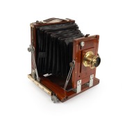 HENRY PARK: "Victoria" triple-extension view camera, late 19th century, plate dimensions 16.5 x 12cm, brass lens with aperture ring, unusual aluminium fittings.