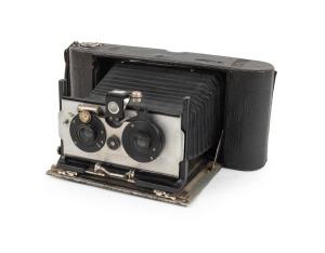 BUTCHER & SONS: "Stereolette" folding-bed stereo camera, c. 1910s, plate dimensions 13 x 8.5cm, twin Aldis Uno Anastigmat f7.7 lenses, waist-level finder.