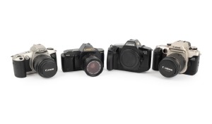 CANON: Group of 1980s-90s SLRs, comprising Canon EOS 650 (body only), Canon EOS 500N (Zoom EF 35-80mm f4-5.6, with cap), Canon EOS Elan II (Zoom EF 28-80mm f3.5-5.6, with cap), and Canon T70 (Zoom FD 28-55mm f3.5-4.5). (4 items)