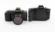 CANON: Group of 1980s-90s SLRs, comprising Canon EOS 650 (body only), Canon EOS 500N (Zoom EF 35-80mm f4-5.6, with cap), Canon EOS Elan II (Zoom EF 28-80mm f3.5-5.6, with cap), and Canon T70 (Zoom FD 28-55mm f3.5-4.5). (4 items) - 2