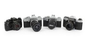 KAMERA-WERKST&Auml;TTEN: Group of 1970s SLRs, comprising Praktica BC1 Electronic (Prakticar 50mm f2.4), Praktica L2 (Fujinon 29-47mm f3.5-4.2), Praktica L3 (Super Albinar MC Auto 28mm f2.8, with cap), and Praktica Super TL (Jena 50mm f2.8). (4 items)