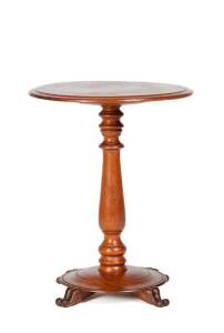 New Zealand solid mottled kauri wine table. A fine early example c1860 with turned column, circular base on scrolling feet. Height 59cm, diameter 45cm