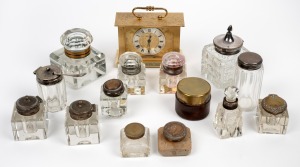 Assorted antique and vintage inkwells, vanity jars, condiment jar etc., also includes a vintage Swiss bedside alarm clock, 19th and 20th century, (15 items), the clock 10cm high.