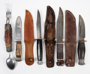 Antique multi-tool pocket-knife with fork and spoon attachments; together with four assorted vintage hunting knives (including three examples with scabbards), 19th/20th century, (5 items).