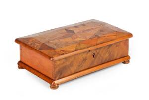 William NORRIE (New Zealand) inlaid specimen wood sewing box, c1890. Made from native New Zealand timber species. height 10cm, width 30cm, depth 19cm