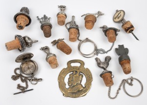 Vintage novelty decanter stoppers, pocket compass and horse brass, 20th century, (14 items).