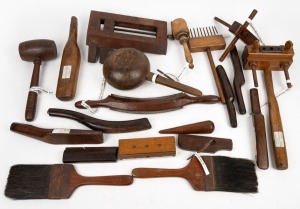 Antique and vintage tools including rare Australian red gum currier's leather dressing shave, flogging brushes, wood planes, dowelling jig, thatching comb, etc, 19th/20th century, (qty).