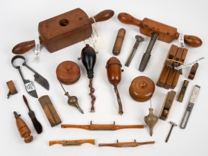 Assorted miniature wood planes, hand tools, plumb bobs, spoke shaves, antique screw box and tap, weaving shears, etc, 19th and 20th century, (qty).