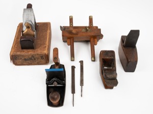 NORRIS No.6 antique rosewood infill hand plane in original box; together with four assorted wood planes including toothing plane and beech fillister plane, (5 items).