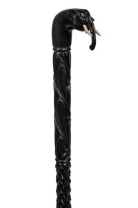 An antique Indian ebony walking stick with carved elephant handle and horn ferrule, 19th century, 91cm high.