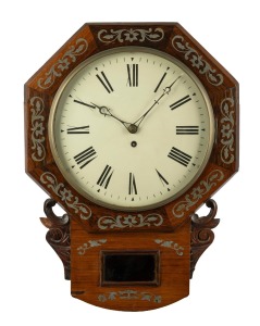 An antique English drop dial wall clock in rosewood case inlaid with floral pewter decoration, single train fusee movement with Roman numerals and convex glass, 19th century, 58cm high.