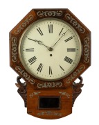 An antique English drop dial wall clock in rosewood case inlaid with floral pewter decoration, single train fusee movement with Roman numerals and convex glass, 19th century, ​​​​​​​58cm high.