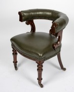 An antique English mahogany framed tub style desk chair with green leather upholstery, circa 1875, ​​​​​​​77cm high, 64cm across the arms. - 2