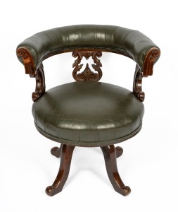 An antique English oak tub style desk chair on revolving base, 19th century, ​​​​​​​76cm high, 68cm across the arms.