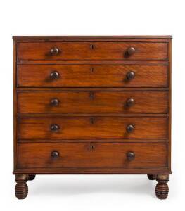 Important Colonial Australian Secretaire chest, Sydney origin. Rose mahogany veneer on cedar with fitted huon pine interior. Refined & elegant with cock beaded drawer & unusual behive rose mahogany feet with ebonised bands & brass collars. Pencil inscript