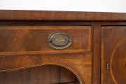 An English Sheraton period bow front mahogany sideboard with rosewood cross banding, ebony and boxwood stringing, and unusual recessed tambor front storage beneath the central drawer, circa 1800, attractive smaller size 84cm high, 168cm wide, 75cm deep. - 3