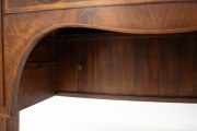 An English Sheraton period bow front mahogany sideboard with rosewood cross banding, ebony and boxwood stringing, and unusual recessed tambor front storage beneath the central drawer, circa 1800, attractive smaller size 84cm high, 168cm wide, 75cm deep. - 4