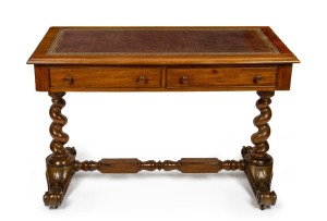 An antique English mahogany two drawer writing table with burgundy tooled leather top, barley twist legs and stretcher base, circa 1880, 76cm high, 114cm wide, 56cm deep.